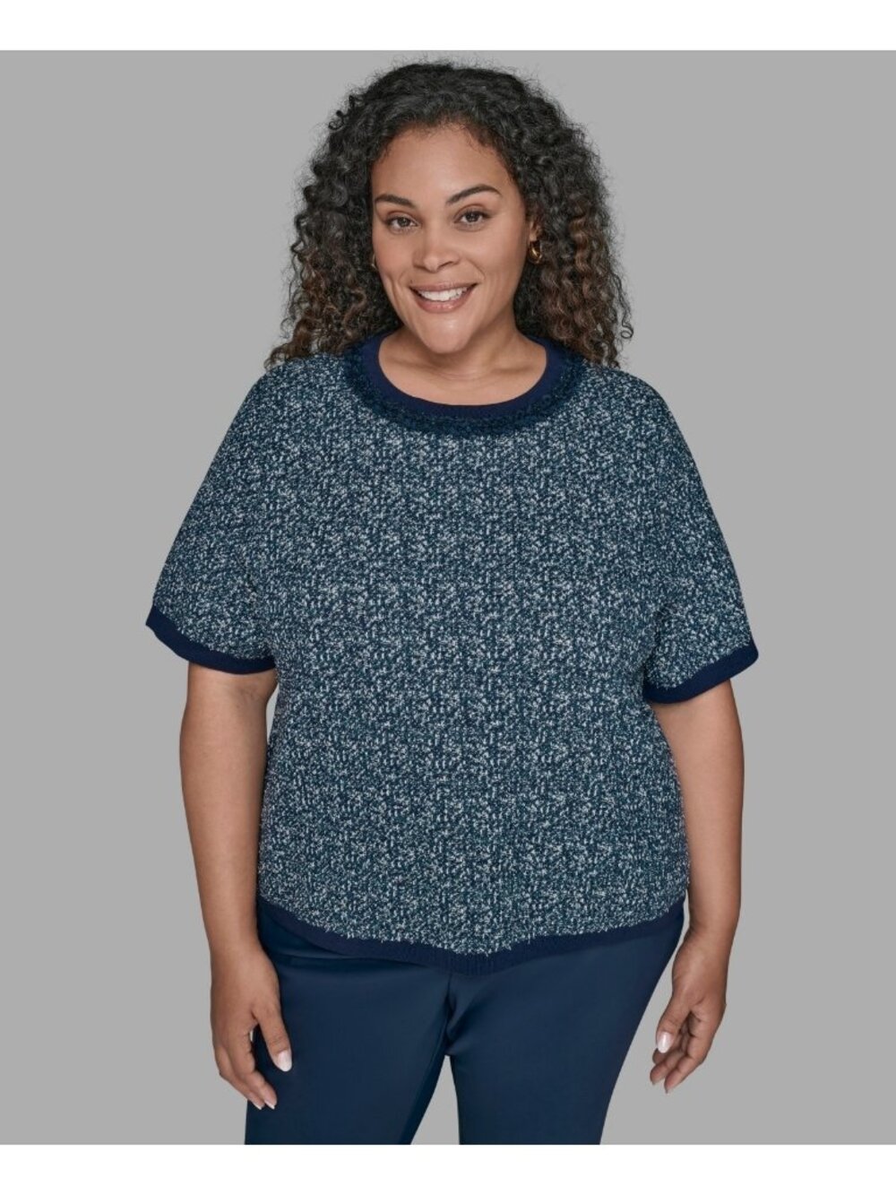 KARL LAGERFIELD PARIS Plus Size 3X Polyester Short Sleeve Crew Sweater Blue $129